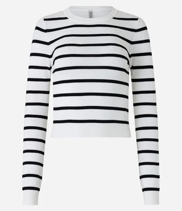 Blusa em Viscose Listrado com Punhos e Barra Canelada Branco/Preto | Renner (BR)