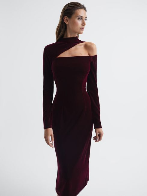 Reiss Burgundy Tatiana Regular Velvet Cut-Out Shoulder Dress | Reiss UK