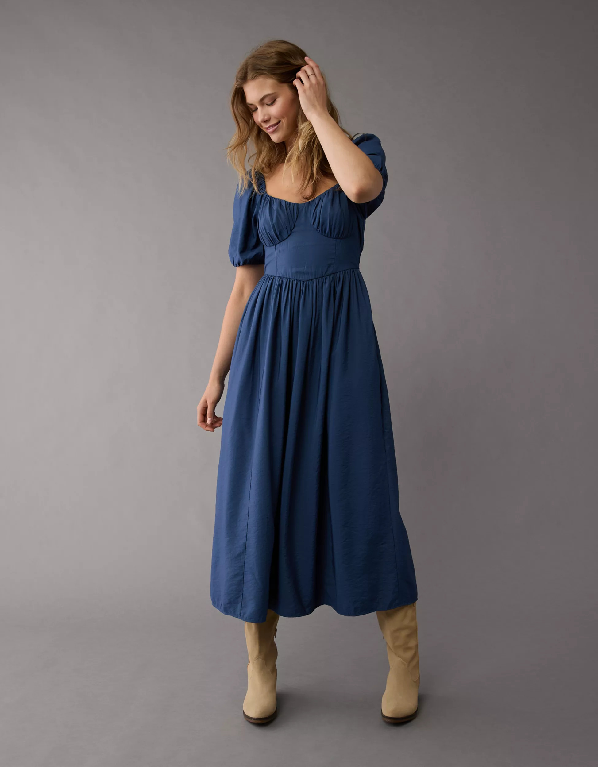 AE Puff Sleeve Corset Midi Dress | American Eagle Outfitters (US & CA)