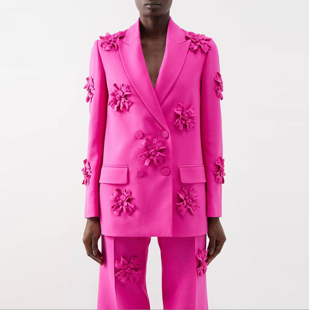 Women Luxury Hand Made 3D Flowers Decoration Loose Fit Blazer + Mid-High Rise Flare Trousers Pant... | Etsy (US)