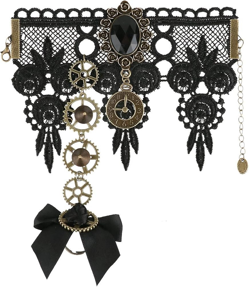 Qrettie Choker Necklace for Steampunk Halloween Punk Costume Party Retro Gear Clock Cog Women Got... | Amazon (US)