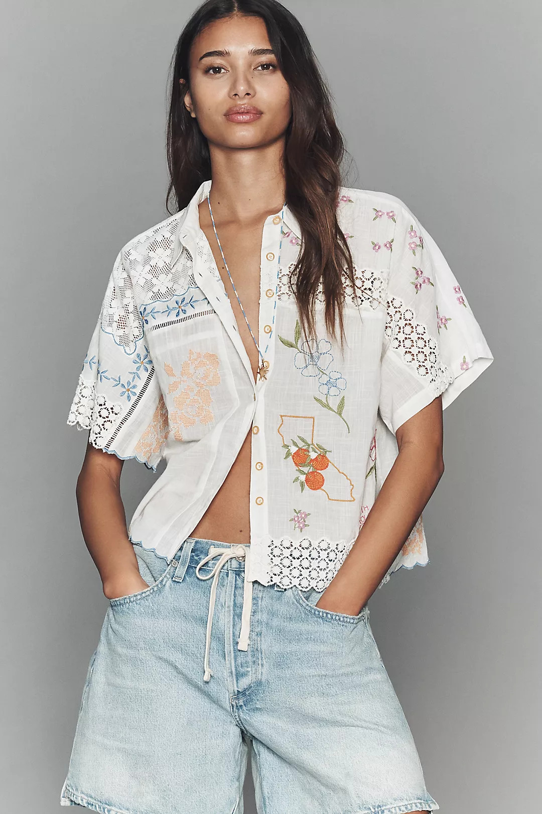 By Anthropologie 100% Cotton Embroidered Buttondown Shirt | Anthropologie (US)