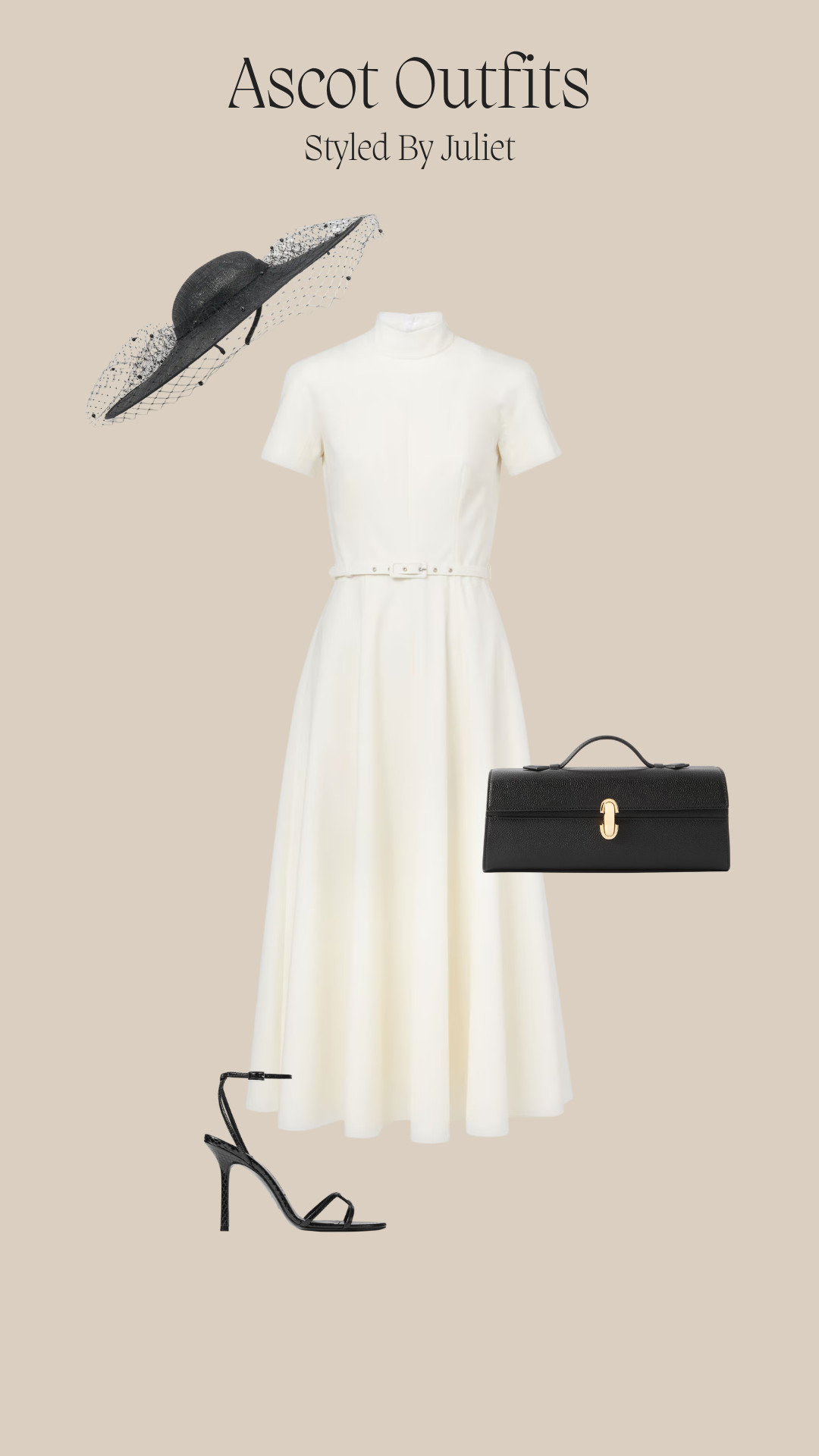 ascot outfit, race day outfit, white midi dress, belted dress, high neck dress, short sleeve dress, black fascinator hat, veiled hat, black strappy heels, black top handle bag, elegant occasionwear, classic monochrome, ladies day style, formal event outfit, wedding guest style, minimalist chic, polished feminine look, timeless accessories 

 #LTKootd
