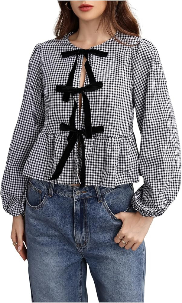 MakeMeChic Women's Gingham Babydoll Top Plaid Shirt Puff Long Sleeve Ruffle Peplum Bow Tie Front ... | Amazon (US)