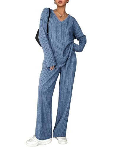 Ekouaer Lounge Sets for Women Long Sleeve Knit Ribbed Pajama Sets 2 Piece Casual Loungewear with Pockets | Amazon (US)