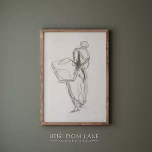 Vintage Woman With Laundry Basket Print | Digital Download Farmhouse Sketch Artwork Country Cotta... | Etsy (US)