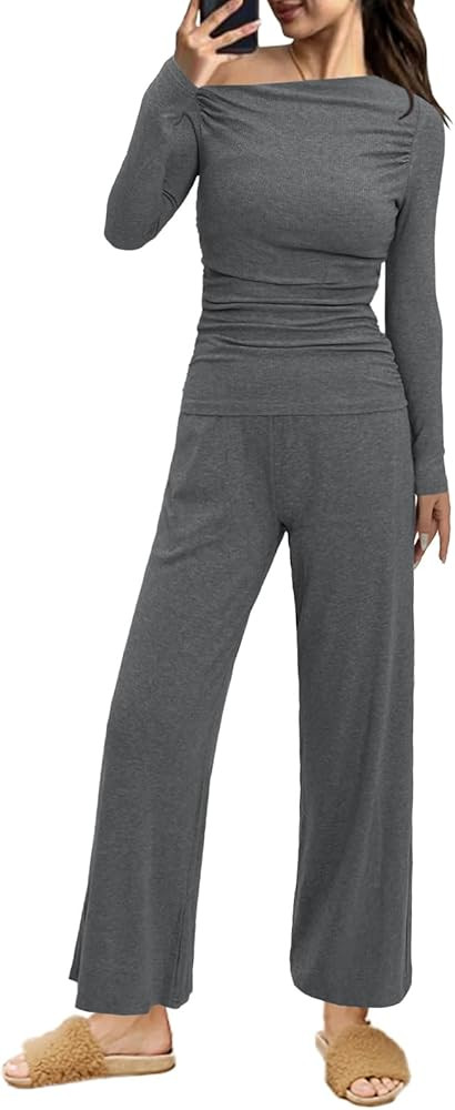 Tankaneo Womens 2 Piece Outfits Off the Shoulder Long Sleeve Tops and Wide Leg Pants Lounge Match... | Amazon (US)