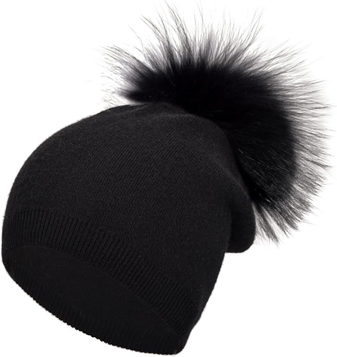 EASTER BARTHE Black Pom Pom Cashmere Beanie for Women Slouchy Beanie with Fur Pom Pom Knit Hat Bl... | Amazon (US)