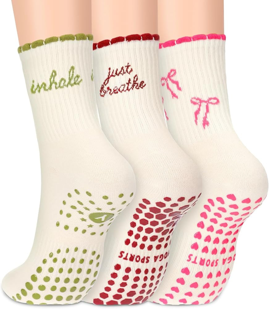 Jeyiour 3 Pairs Pilates Socks with Grips for Women Cute Non Slip Yoga Barre Crew Socks Women for ... | Amazon (US)