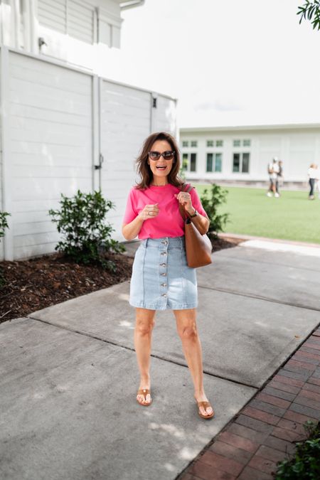 Jeans and a t-shirt summer style.

The cutest kitten heel raffia thing sandal.  Use code SAS10 for 10% off.

Denim skirt outfit, summer outfit 
#ltkpetite #petite

#LTKStyleTip #LTKOver40 #LTKShoeCrush