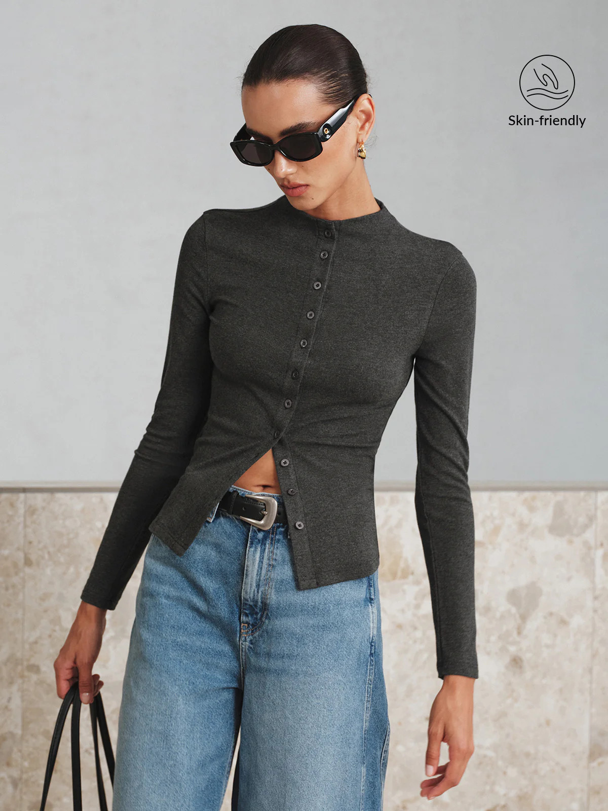 Mock Neck Button Long Sleeve T-Shirt | Commense