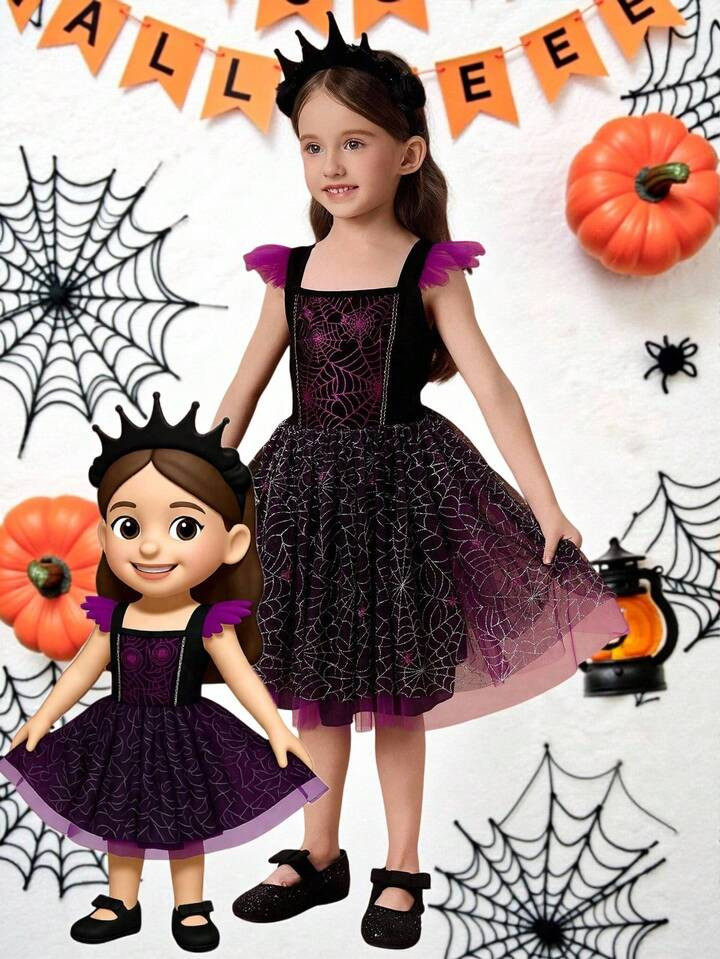Glamorique Kids Halloween Children's Ball Dress, Girl's Princess Dress, Black Mesh Spider Web Puff Dress, Autumn Dress, Outing Dress, Little Flying Sleeve Dress, Halloween Acting Dress, Stage Pattern Performance, Gorgeous Dress Dress, Four Seasons Dress,Halloween Clotheshalloween Costumes Halloween Clothes Fall Winter | SHEIN