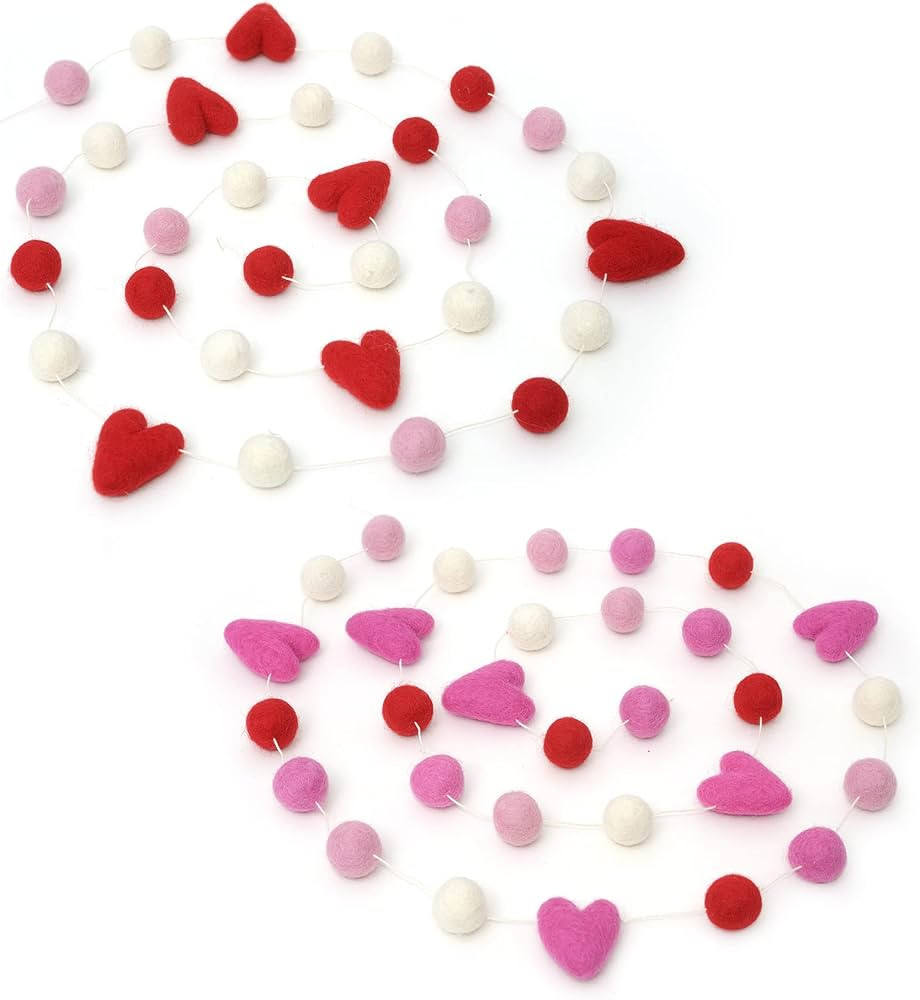 Glaciart One Pom Pom Garland (2 Pcs)- Wool Felt Ball Garland - 2 x 7 Feet, 24 Balls, 6 Hearts, Va... | Amazon (US)