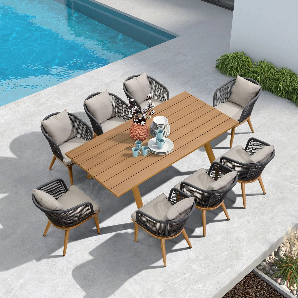 Braylin 8 - Person Wicker Patio Dining Set with Rectangular Table , Cushions Included | Wayfair North America