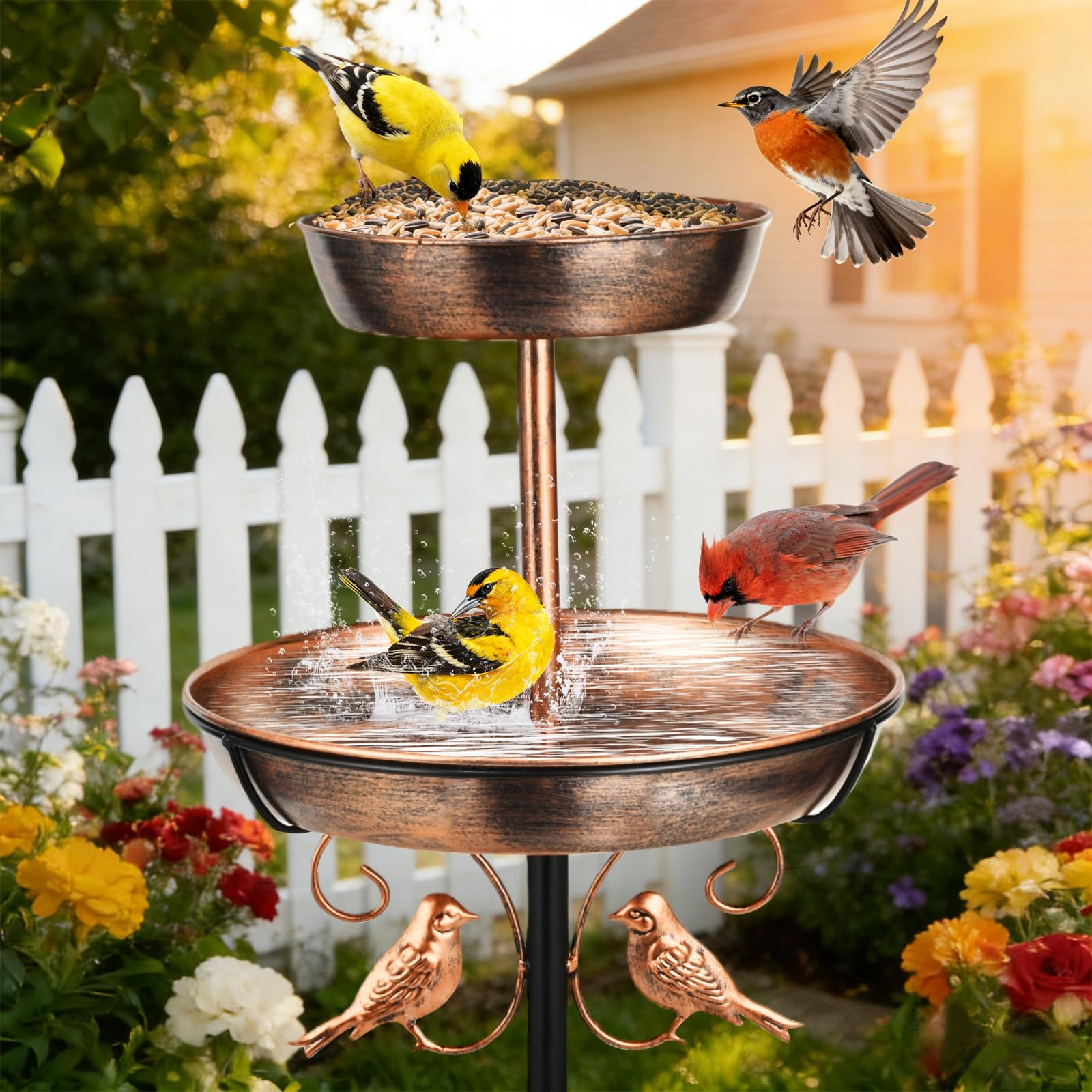 43" 2-tier Metal Bird Bath and Feeder for Outside, 12" and 8" Dia Double Removable Bowl Copper Bi... | Amazon (US)