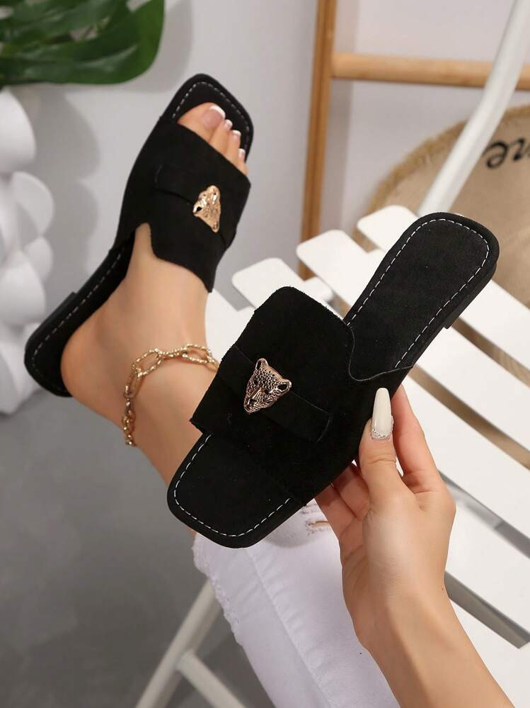 Women's Square Toe Flat Slide Sandals With Metal, Slip-On Fashion Beach Shoes, Summer New Elegant... | SHEIN