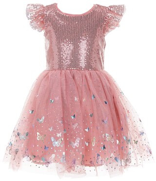 Zunie Little Girls Flutter-Sleeve Sequin-Front-Bodice/Snowflake-Foiled-Mesh Skirted Fit-And-Flare... | Dillard's