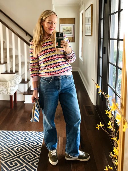 Casual outfit of the day - madewell denim jeans, Nike sneakers, tailored union socks, Boden heart sweater (currently on sale under $100), shaping layering cami (Amazon find!) stripe bag. 
❤️ CLAIRE LATELY 

#LTKfindsunder100 #LTKstyletip #LTKsalealert