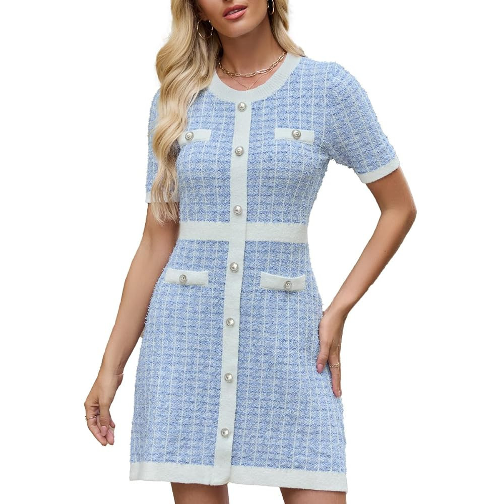 Women's Sweater Dress Knit Tweed Dress Short Sleeve Pearl Button Mini Dresses Trendy for Fall Spr... | Amazon (US)