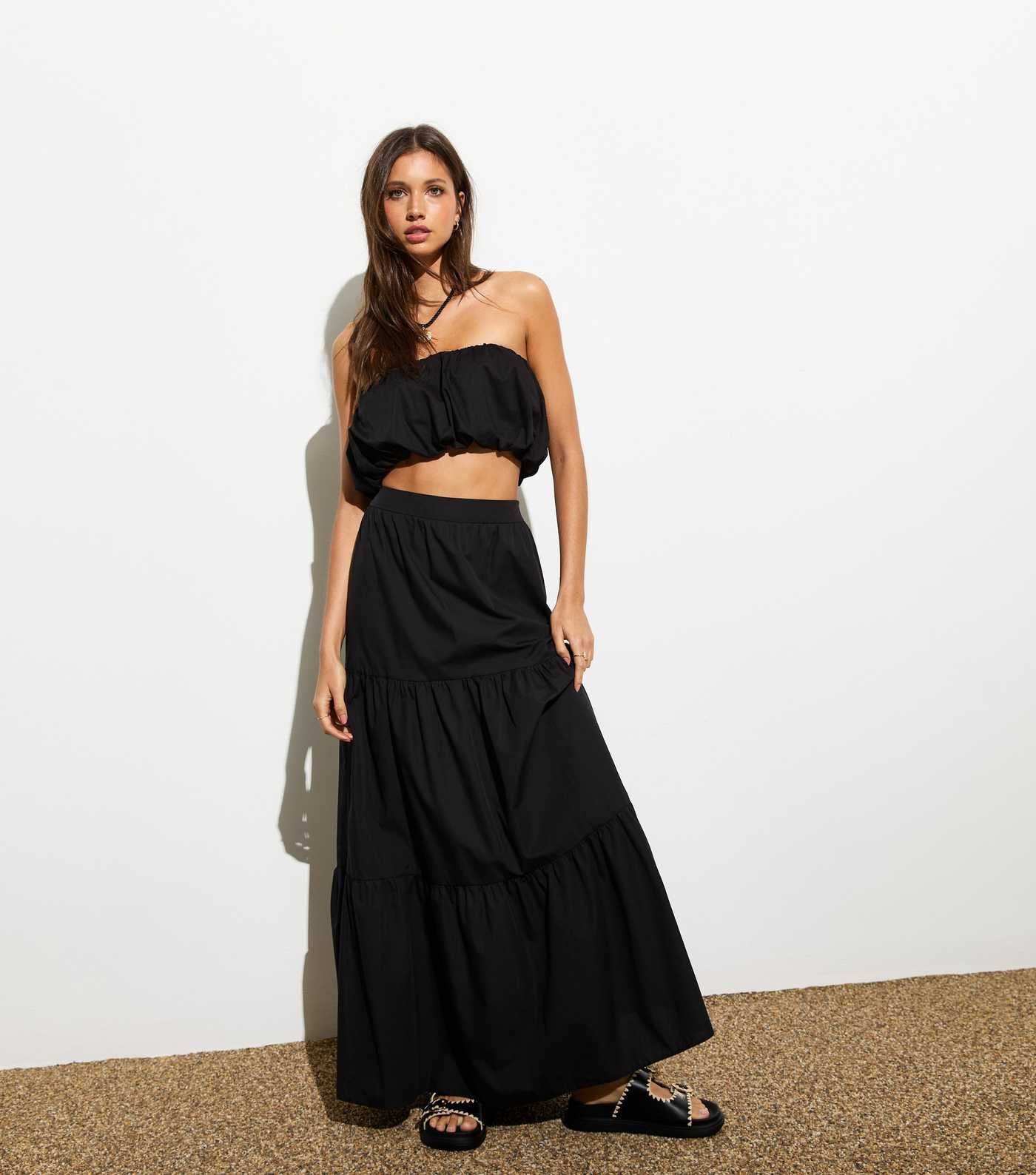 Black Elasticated Cotton Poplin Puff Bandeau Top   | New Look | New Look (UK)
