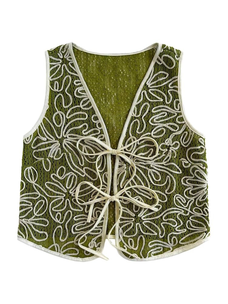 MakeMeChic Women's Boho Floral Vests Tie Front V Neck Contrast Binding Sleeveless Outwear Vest To... | Amazon (US)