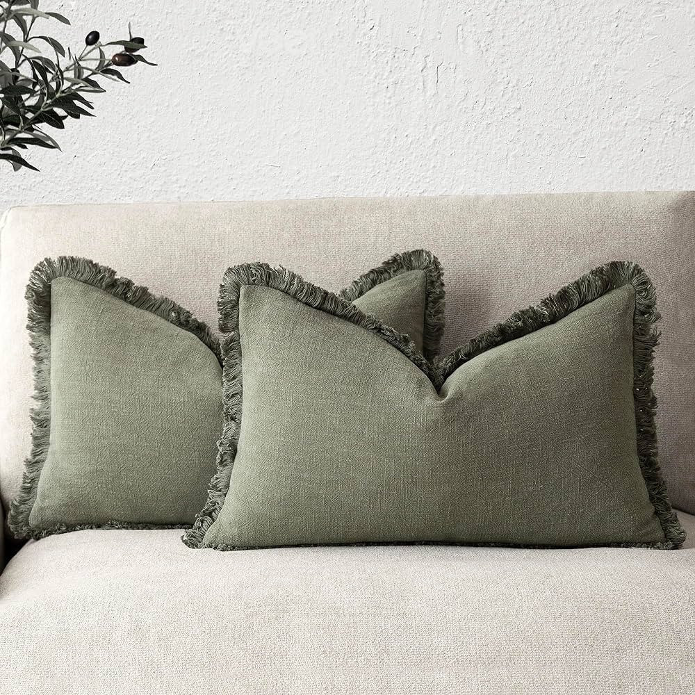 Foindtower Set of 2 Decorative Linen Fringe Lumbar Throw Pillow Covers Boho Farmhouse Cushion Cov... | Amazon (US)