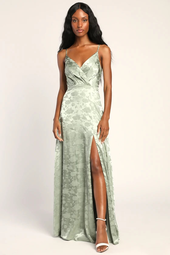 Radiant Refinement Sage Green Satin Jacquard Maxi Dress | Lulus