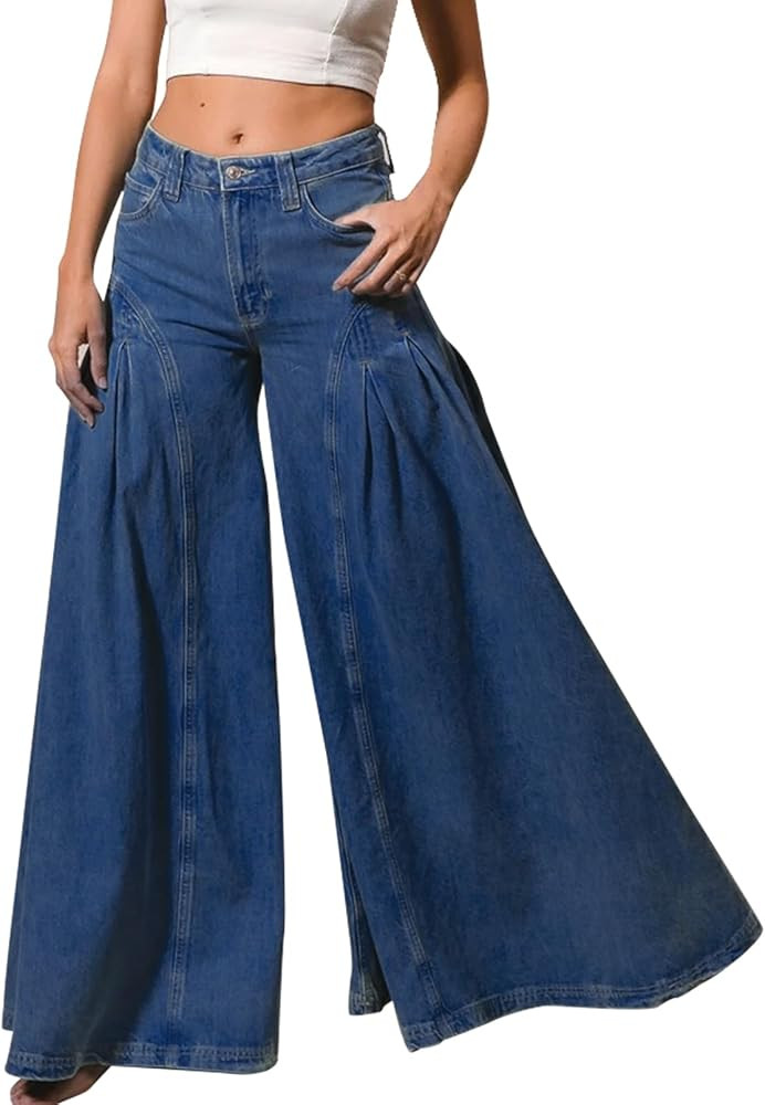 EZAPINE Women Bell Bottom Jeans High Waist Stretch Wide Leg Baggy Flared Pleated Vintage Casual L... | Amazon (US)