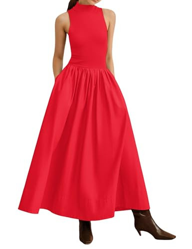 Lauweion Women's Summer Sleeveless Turtleneck Maxi Dress Patchwork Casual Flowy Mock Neck Tank Top Dress with Pockets Red | Amazon (US)