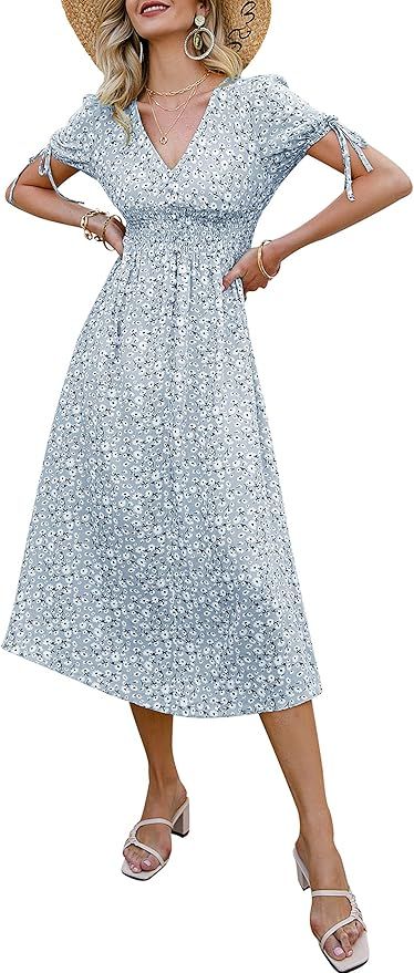 Amegoya Women's Summer Button Short Sleeve V Neck Floral Print Casual Bohemian Midi Dresses | Amazon (US)