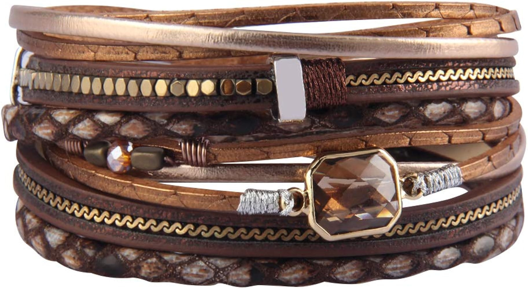 GelConnie Leather Wrap Bracelet Boho Cuff Bracelets Crystal Leather Bracelet Magnetic Multi Stran... | Amazon (US)