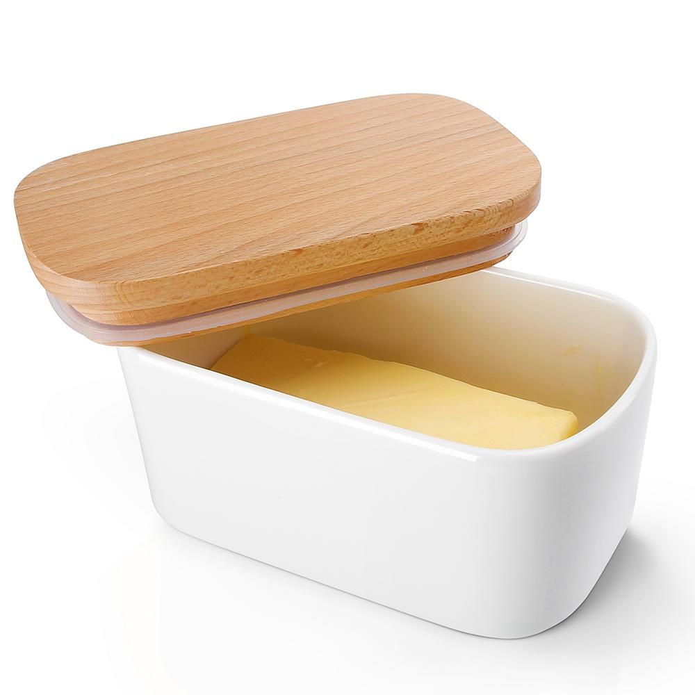 Sweese Airtight Butter Dish with Beech Wooden Lid - White, Set of 1 | The Home Depot