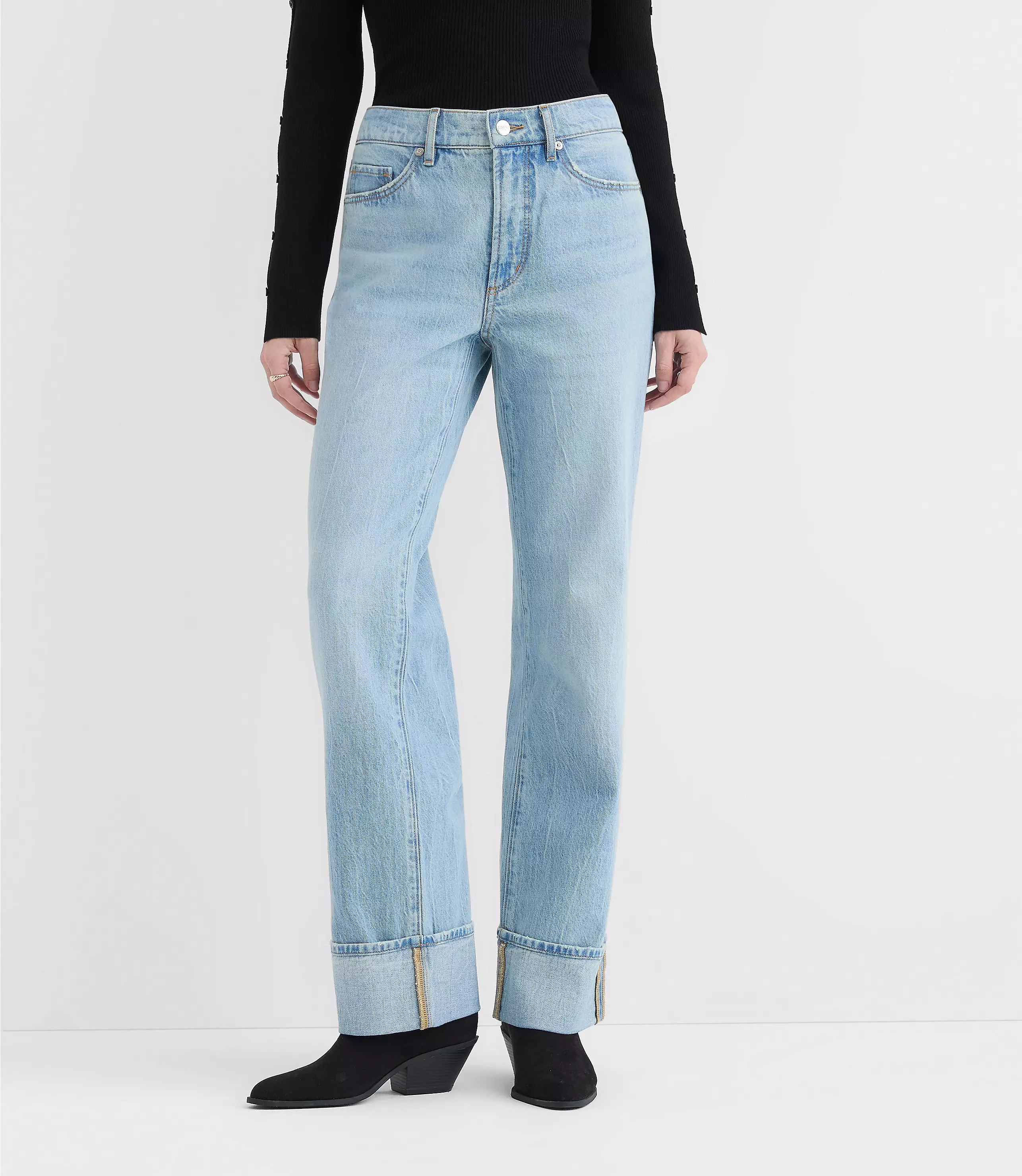 Rivete Petite Curvy Cuffed Mid Rise Relaxed Straight Jeans in Light Wash | LOFT