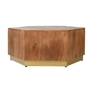 The Urban Port 39.5 in. Brown Hexagonal Acacia Wood Block Accent Coffee Table with Textured Detai... | The Home Depot