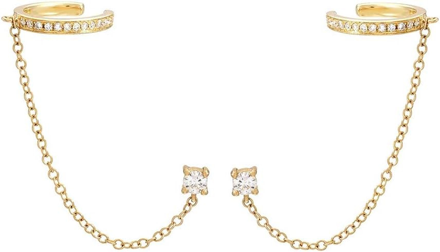 Cuff Small Hoop Halo CZ Stud Chain Climber Crawler Earrings for Women Cartilage Double Holes S925... | Amazon (US)