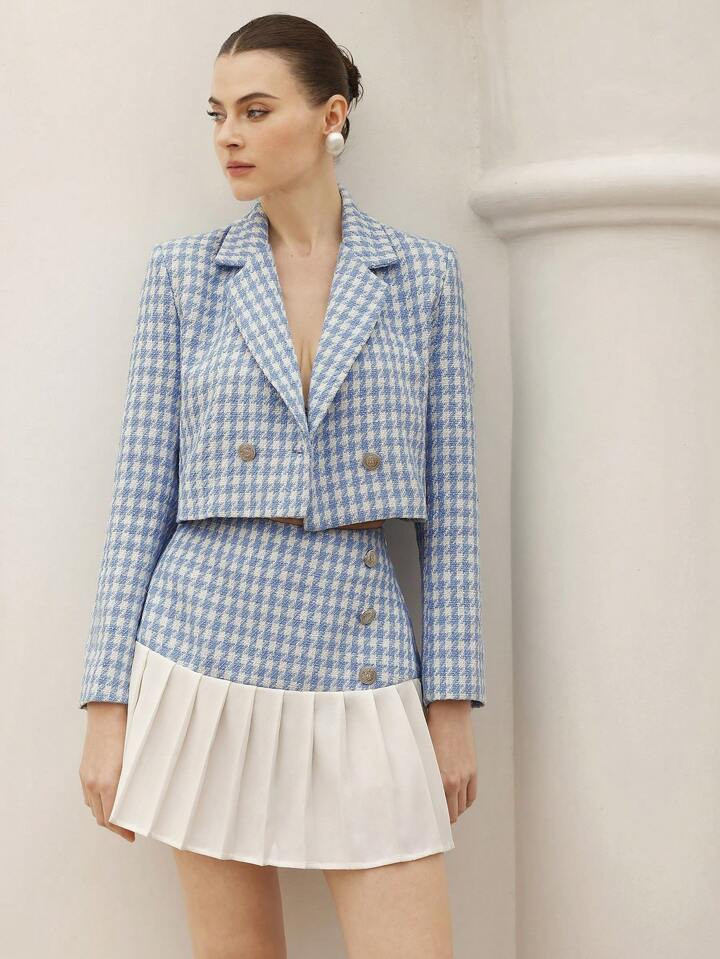 Aveloria Rosie Franse Klassieke Pied-De-Poule Contrasterende Kleur Cropped Top Met Lange Mouwen Bijpassende Contrasterende Kleur Geplooide Zoom Rokpak Voor Vrouwen, Lente | SHEIN