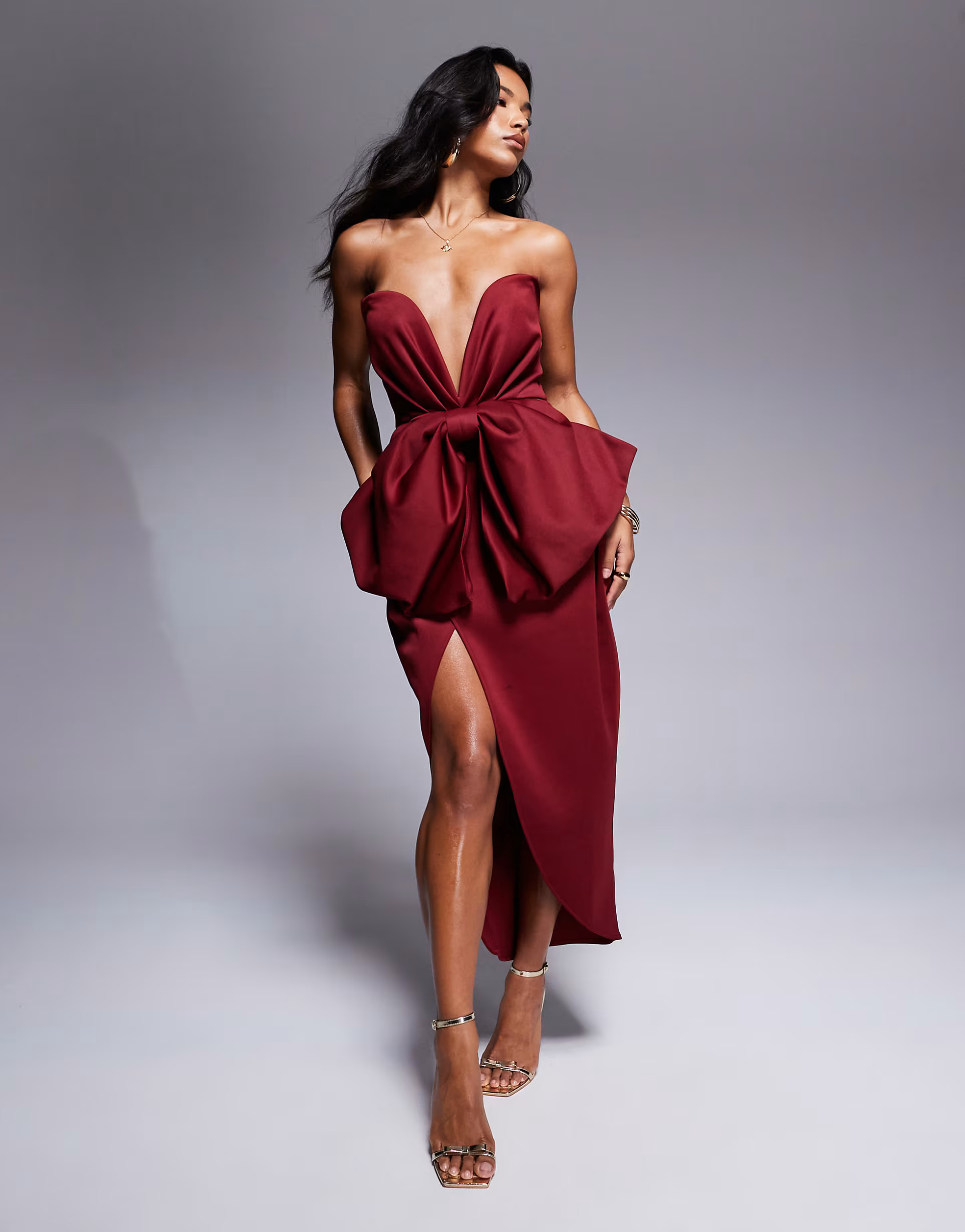 ASOS DESIGN bandeau midi dress with oversized bow in burgundy | ASOS (Global)