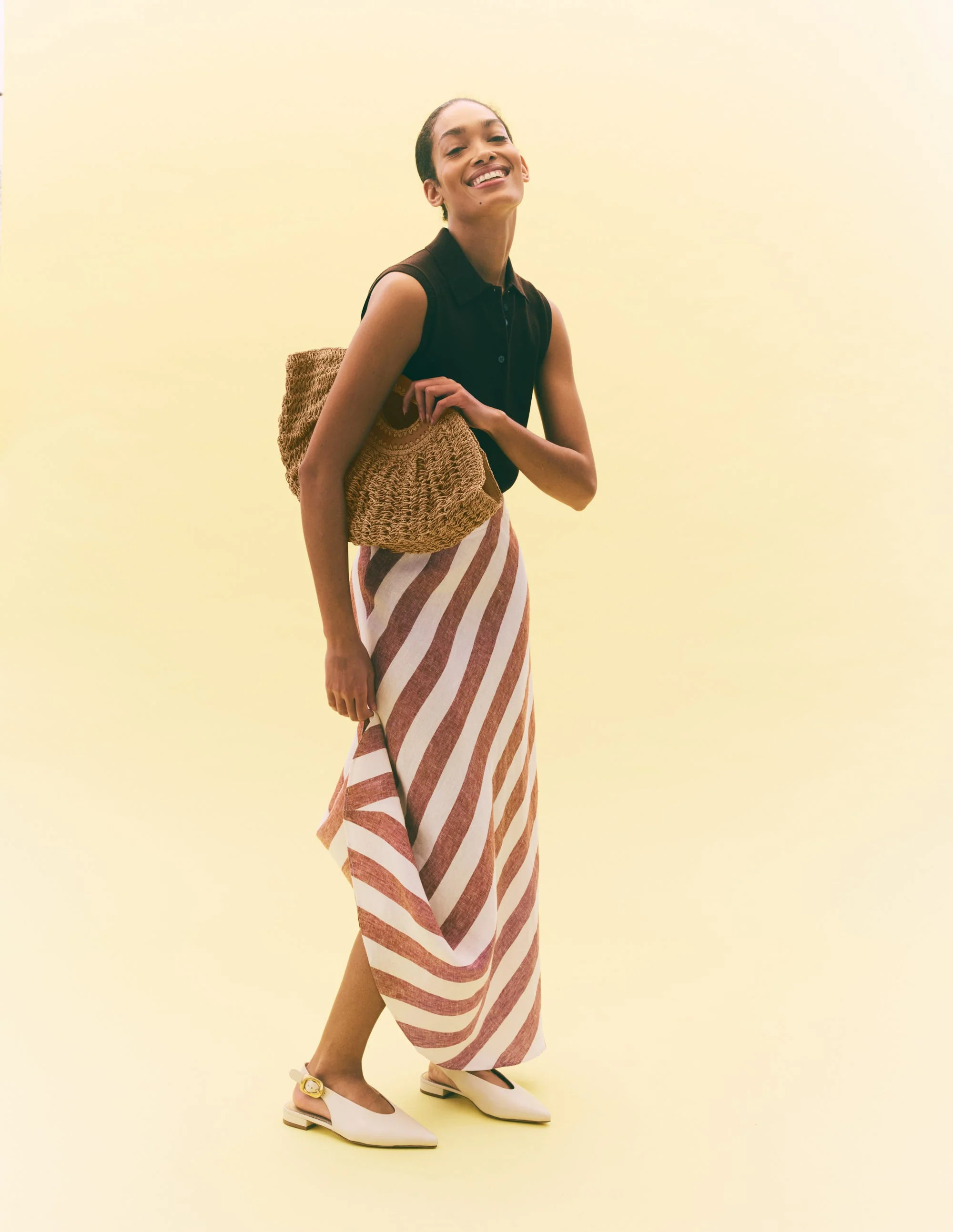 Bias Cut Linen Slip Skirt-Brown Diagonal Stripe | Boden (US)