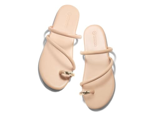 Coutgo Womens Strappy Flat Sandals Square Open Toe Flip Flops Slides Toe Ring Metal Summer Dress Shoes, Light Khaki, size 10 | Amazon (US)