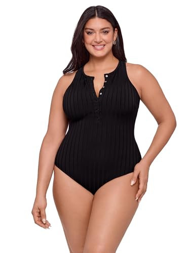 S3 Swim Women's Sculpting Wide Rib Snap High Neck One Piece Swimsuit, Onyx Black Wide Rib, X-Small | Amazon (US)