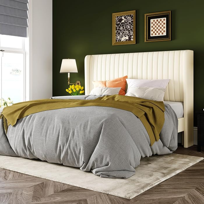 Allewie Full Size Velvet Bed Frame/Vertical Channel Tufted Wingback Headboard/Upholstered Platfor... | Amazon (US)