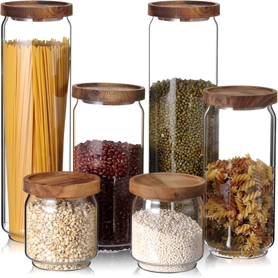 SiliFine 6 Set Glass Pantry Storage Jar with Acacia Airtight Lid 3 Size Glass Storage Container J... | Amazon (US)