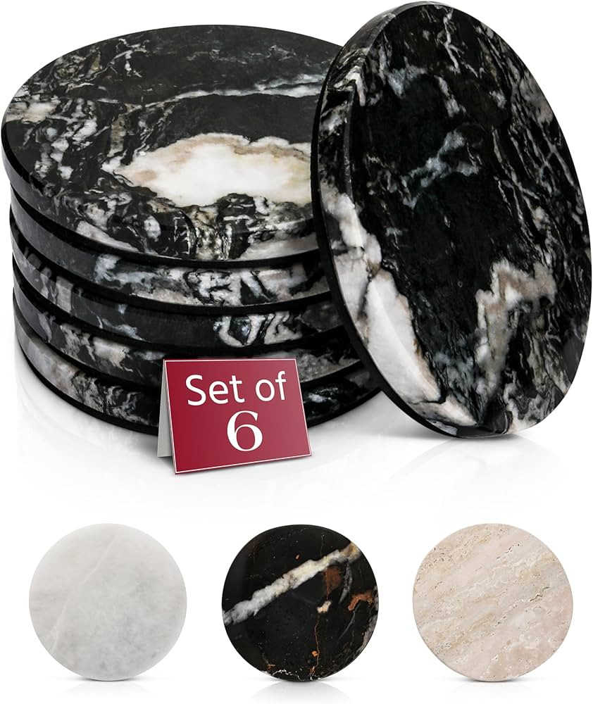 Gusto Nostro Black Marble Coasters Set of 6 with Non-Slip Backing - Luxury Natural Stone Coasters... | Amazon (US)