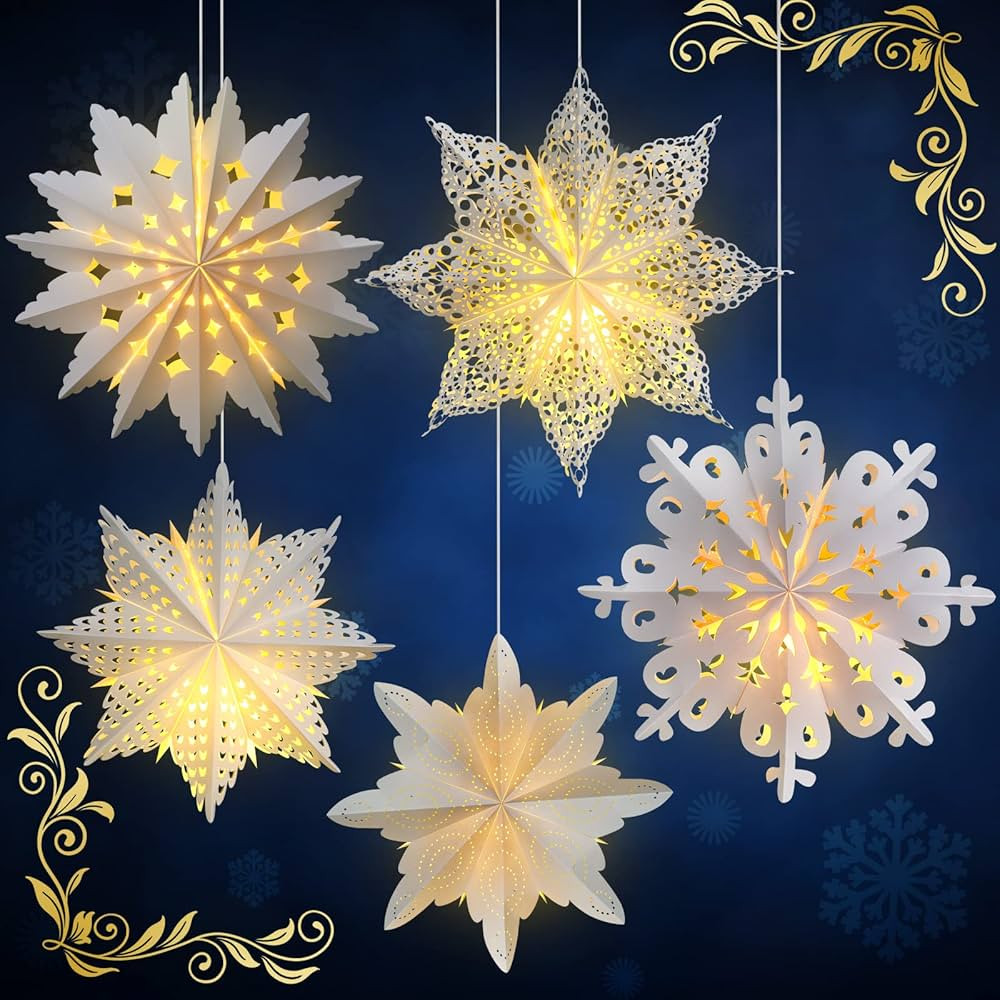 Mudder 5 Pieces Christmas Snowflake Paper Lantern with 7 Light Star Lamp Frozen Party Hanging Dec... | Amazon (US)