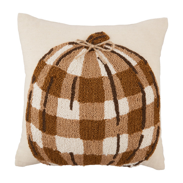 Hooked Plaid Pumpkin Pillow | Mud Pie
