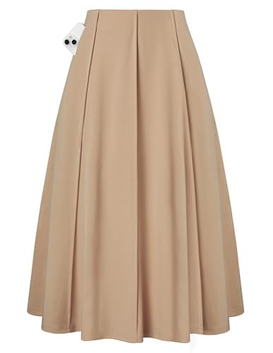 Kate Kasin Women Khaki A Line Midi Skirt, Knee Length High Waisted Pleated Flare Skirts with Pockets, 2025 Fall Casual Outfits | Amazon (US)