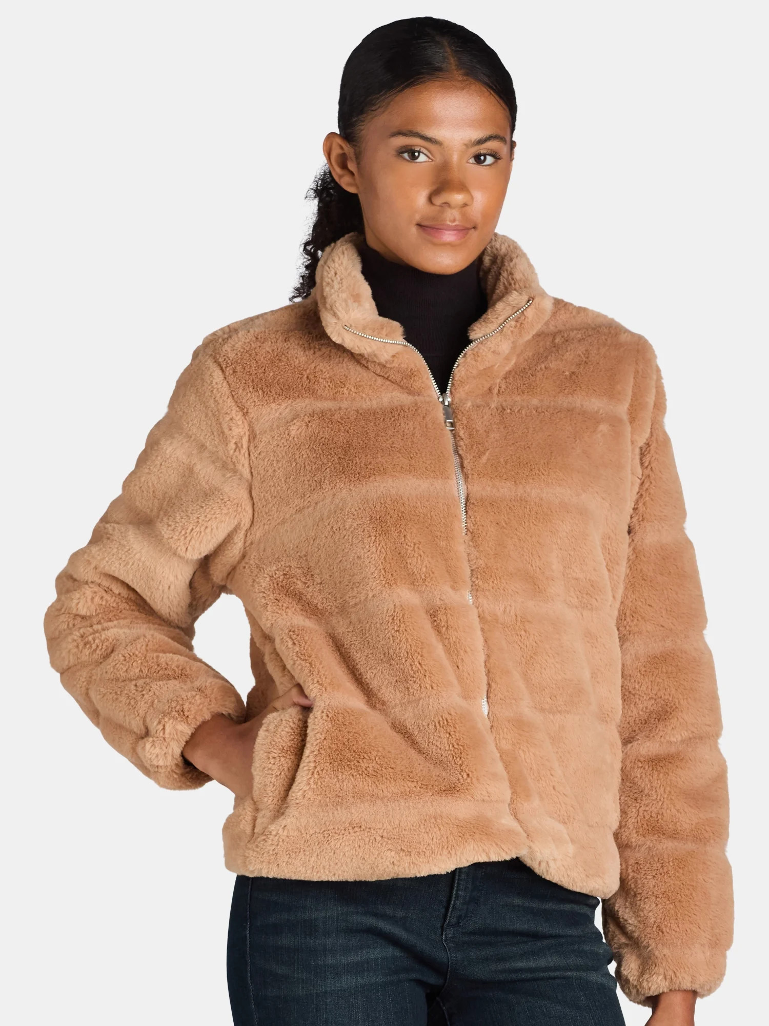 Time and Tru Women's and Women's Plus Faux Fur Channel Jacket, Sizes XS-3X - Walmart.com | Walmart (US)