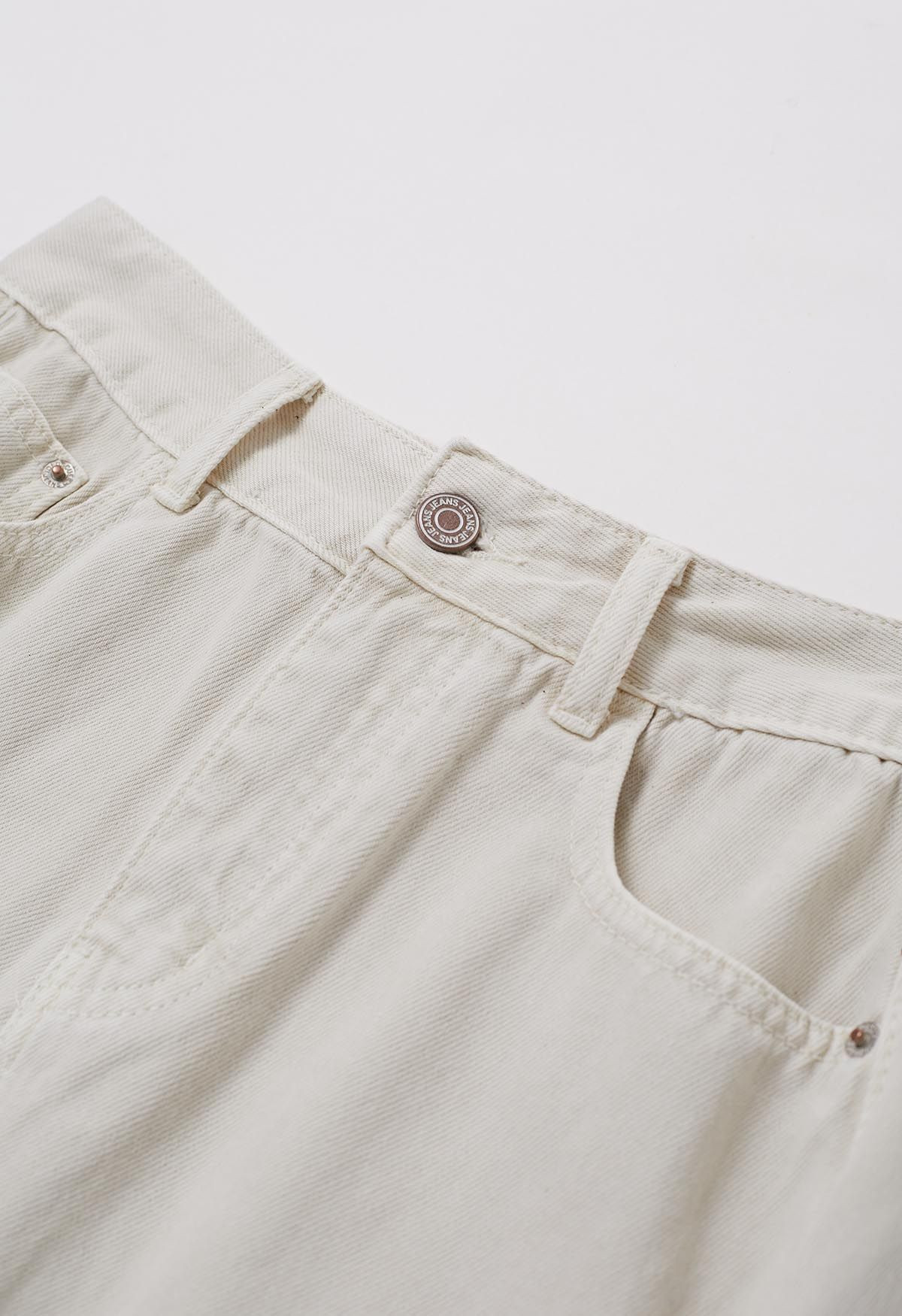 Slit Back Belted Denim Maxi Skirt in Ivory | Chicwish