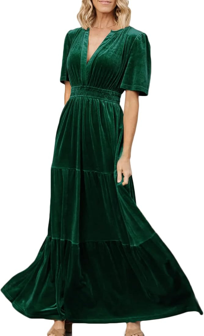 Women's Elegant Velvet Maxi Dress Plunging V Neck Long Wrap Dress Aline Flowy Formal Bridesmaid Dres | Amazon (US)