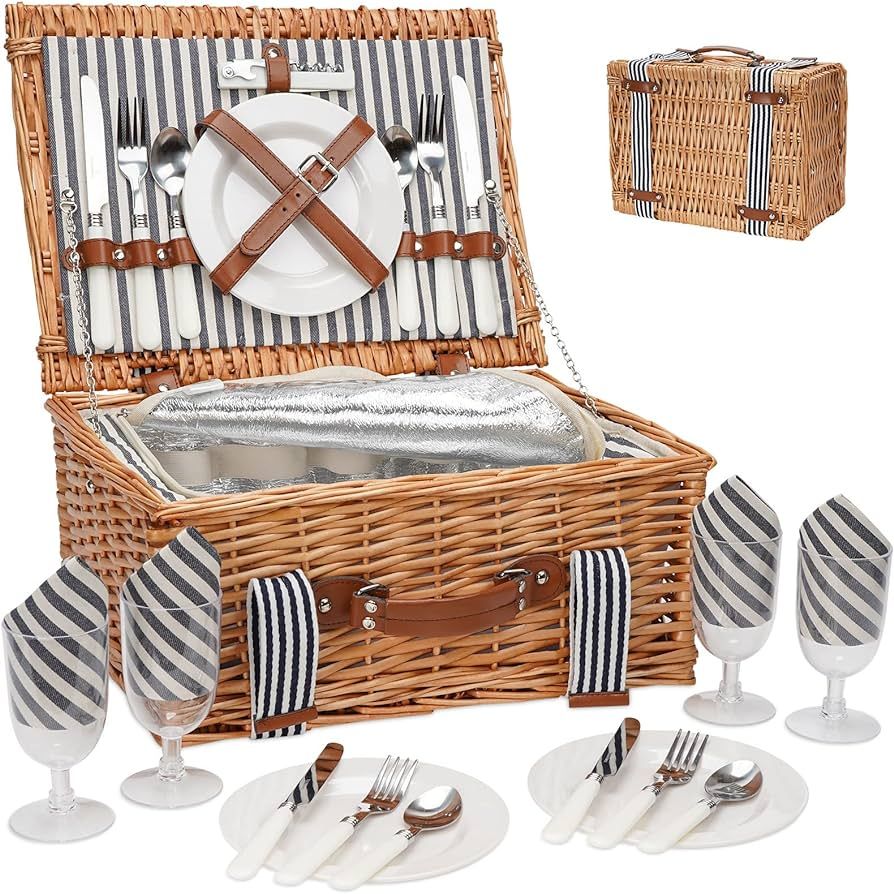 Wicker Picnic Basket Set for 4 Persons,Handmade Willow Picnic Basket with Insulated Cooler & Cutl... | Amazon (US)